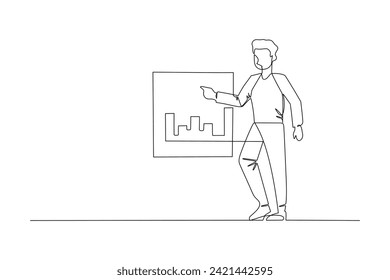Einzelne durchgehende Linienzeichnung eines jungen Managers, der mit einem Zeigefinger auf die Bildschirmanzeige zeigt, mit einem Datendiagramm. Geschäftsvorbereitung Konzept 1-zeilige Zeichnung, Vektorgrafik