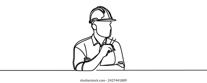 Single continuous line drawing of young attractive foreman controlling building development progress while holding clipboard. Building construction service concept one line draw design illustration