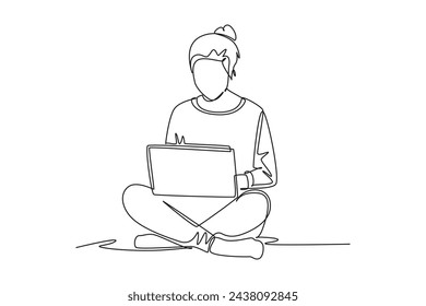 Single continuous line drawing of young woman sitting on the floor working at home. Happy work concept. Trendy one line draw design vector illustration