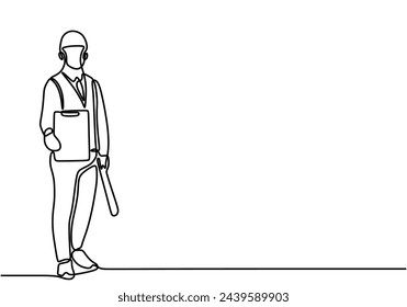 Single continuous line drawing of young male architect holding blueprint paper pose. Professional work job occupation. Minimalism concept one line draw graphic design vector illustration