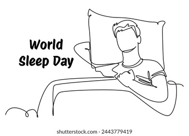 Single continuous line drawing young man holding pillow and blanket. Banner for world sleep day minimalist concept. Simple line, continuous line.