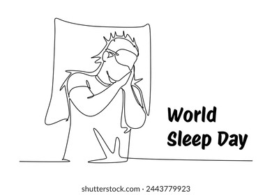 Single continuous line drawing young man sleep with pillows and masks. Banner for world sleep day minimalist concept. Simple line, continuous line.