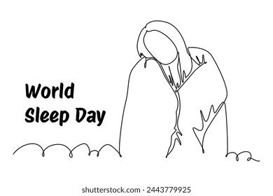 Single continuous line drawing young woman in blanket. Banner for world sleep day minimalist concept. Simple line, continuous line.