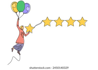 Single continuous line drawing young Arabian woman flying with  balloon carry 1 star and wants to align it with the other 4 stars. Trying to give perfect rating. One line design vector illustration