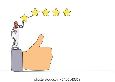 Single continuous line drawing young happy Arabian man standing on the thumbs up wants to attach the stars to form 5 stars in a row. Give review or good feedback. One line design vector illustration