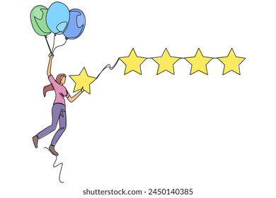 Single continuous line drawing young happy woman flying with balloon carry 1 star and wants to align it with the other 4 stars. Trying to give a perfect rating. One line design vector illustration