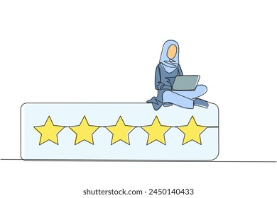Single continuous line drawing young happy Arabian woman sitting on rating board typing laptop computer. Give 5 stars and very satisfying review. Online shopping. One line design vector illustration