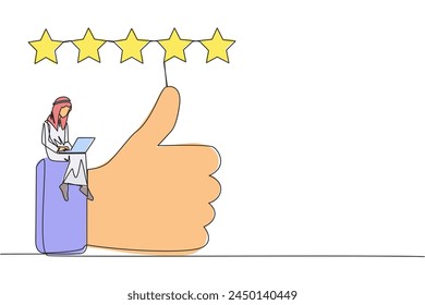 Single continuous line drawing young smiling Arabian man sitting on thumbs up typing on laptop. Happy satisfied Arabian man giving 5 gold stars. Online shop review. One line design vector illustration