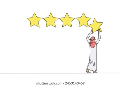 Single continuous line drawing young Arabian man holding up a star with both hands and pasting it up to make 5 stars in a row. Give the best review. Online shop. One line design vector illustration