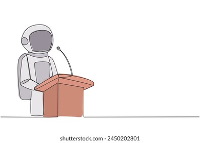 Single continuous line drawing young happy astronaut speaking at podium. Announced greatly improved business balance sheet. A fun speech for all parties. Orator. One line design vector illustration