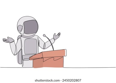 Single continuous line drawing young happy astronaut speaking at the podium while opening hands. Explain history of the company to become a multinational company. One line design vector illustration