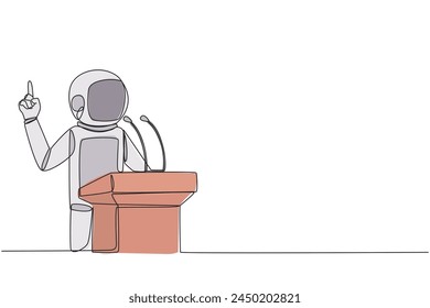 Single continuous line drawing young energetic astronaut speaking at the podium while lifting index finger up. Made a favorable statement for the company. Orator. One line design vector illustration