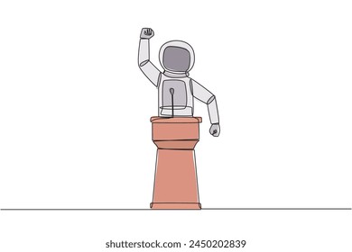 Single continuous line drawing young astronaut speak at the podium by clenching fists at head height. Doing oration. Leadership concept. Burning the spirit. Orator. One line design vector illustration