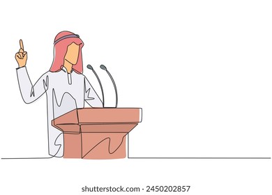 Single continuous line drawing young Arabian businessman speaking at the podium while lifting index finger up. He made favorable statement for the company. Oration. One line design vector illustration