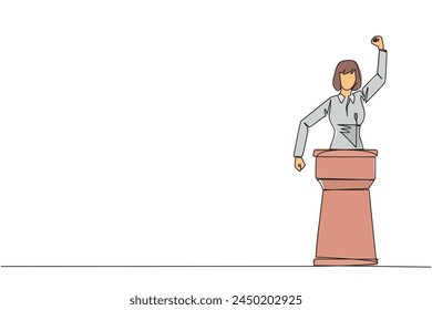 Single continuous line drawing young businesswoman speak at the podium by clenching fists at head height. Doing oration. Leadership concept. Burning the spirit. One line design vector illustration