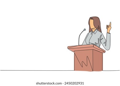 Una sola línea continua dibujando a una joven empresaria hablando en el podio mientras hace el gesto de levantar un dedo. Un discurso inspirador. Etapa de conferencia. Ilustración vectorial de diseño de una línea