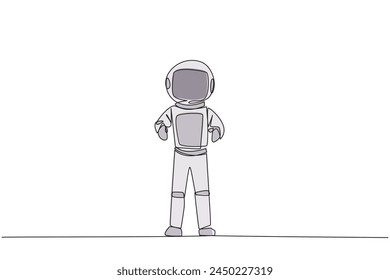 Single continuous line drawing young astronaut standing straight. Survive inflation and pandemics. Looking to the future of business is full of hopes of success. One line design vector illustration