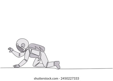 Single continuous line drawing young tired astronaut. Trying to get up after being attacked by a pandemic. Starting from crawling, walking, then running fast. One line design vector illustration