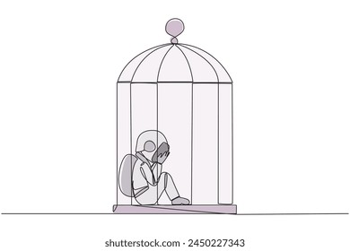 Single continuous line drawing young astronaut trapped in the cage sitting covering face. Feel utterly defeated. Trapped in a dirty business. Mentally tired. Lost. One line design vector illustration