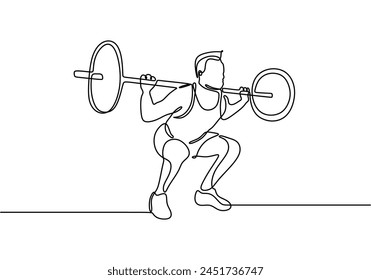 Single continuous line drawing of young strong weightlifter