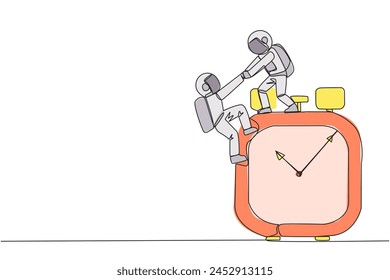 Single continuous line drawing young astronaut helps colleague climb big alarm clock. Helping coworkers. Deadline is coming. Work together for better end result. One line design vector illustration