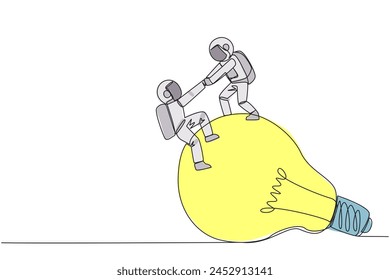 Single continuous line drawing young astronaut helps colleague climb the big lightbulb. Metaphor related to idea. Brainstorm to achieve the best brilliant ideas. One line design vector illustration