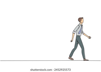 Single continuous line drawing young businessman walking to canteen to break and lunch. Taking time for a while to hone ideas back into brilliant ideas. Success. One line design vector illustration