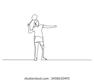 Single continuous line drawing of young female adaptive para badminton athlete smash the ball. Sport exercise concept. Trendy one line draw design vector illustration for badminton tournament ads