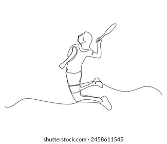 Single continuous line drawing of young agile female badminton player jump and smash the ball. Sport exercise concept. Trendy one line draw design vector illustration for badminton tournament concept