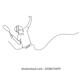 Single continuous line drawing young agile badminton player jumping smash shuttlecock. Competitive sport concept. One line draw design graphic vector illustration for badminton tournament publication