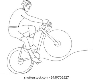 Single continuous line drawing of a young agile cyclist practicing to pedal quickly. Vector illustration of a graphic for media advertising bicycle racing. Drawn without artificial intelligence.