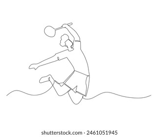 Single continuous line drawing young agile woman badminton player jump and smash shuttlecock. Badminton tournament event. Sport exercise healthy concept. One line draw design vector illustration
