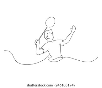 Single continuous line drawing of young agile badminton player jump and smash the ball. Sport exercise concept. Trendy one line draw design vector illustration for badminton tournament publication
