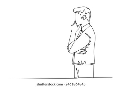 Single continuous line drawing of young male worker seriously staring out of the window from office building. Focus thinking on company growth concept. One line draw graphic design vector illustration