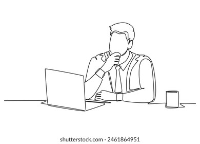 Single continuous line drawing young male worker sitting and thinking seriously in front of computer screen at the office. Work focus concept. Dynamic one line draw graphic design vector illustration