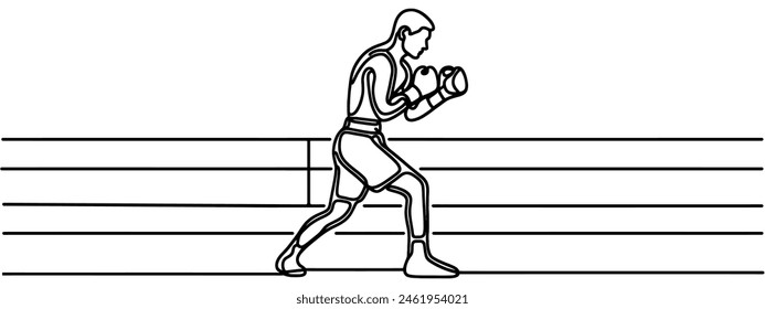 Single continuous line drawing of young agile man boxer improve his fight stance at gym. Fair combative sport concept. Trendy one line draw design vector illustration for boxing game promotion media.