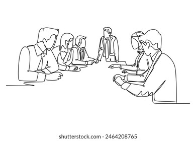 Single continuous line drawing of young happy board of directors discussing company profit sharing during meeting. Business training concept. Dynamic one line draw graphic design vector illustration