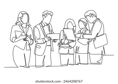 Single continuous line drawing of young businessman and business woman standing and discussing project company together at office. Informal meeting. Dynamic one line graphic design vector illustration