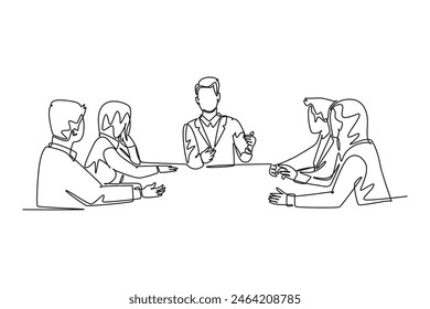 Single continuous line drawing of young male and female sales managers meeting to discuss company goal target at the office. Sales marketing strategy. One line draw graphic design vector illustration