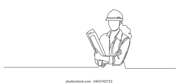 Single continuous line drawing of young female architect holding blueprint paper pose with arms crossed. Professional occupation at work. Minimalism concept one line draw.