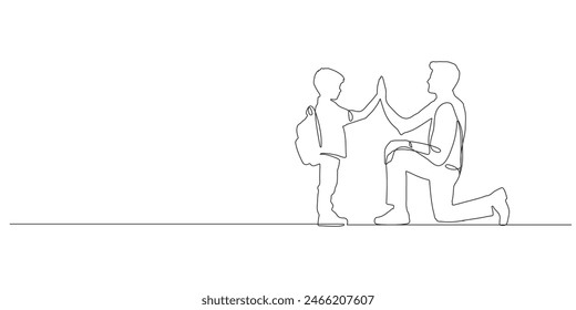 Single continuous line drawing of young father giving a high five to his son for success in school, fatherhood time. Family parenting concept. Trendy one line drawing design vector illustration