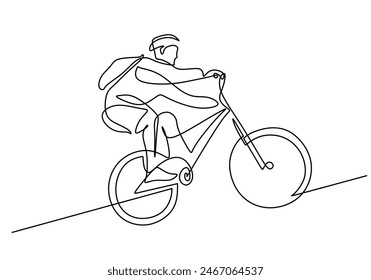 Single continuous line drawing young professional businessman riding bicycle to his company. Bike to work, eco friendly transportation concept.