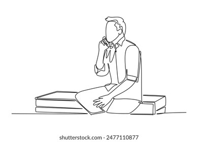 Single continuous line drawing young business man sitting on office desk and holding phone calling his staff discuss financial report. Business talk. One line draw graphic design vector illustration