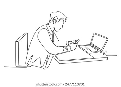 Single continuous line drawing young programmer typing message on smart phone to ask coding language to his friend at the office. Programming concept. One line draw graphic design vector illustration