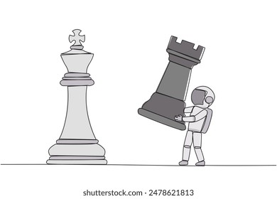 Single continuous line drawing young astronaut holds rook chess to beat king chess. Strategic planning, business development strategy, tactics in entrepreneurship. One line design vector illustration