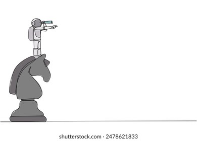 Single continuous line drawing young energetic astronaut on top of big horse chess piece using monocular looking for success, opportunities, future business trend. One line design vector illustration