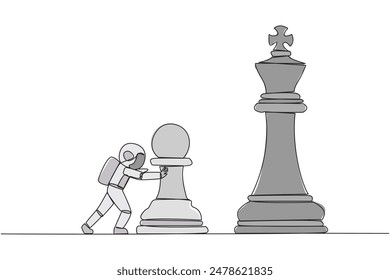 Single continuous line drawing young energetic astronaut push huge pawn chess piece. Business strategy and marketing plan. Strategic move in business concept. One line design vector illustration