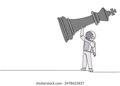 Single continuous line drawing young strong astronaut holding, lifting king chess piece. Successful entrepreneurship tactics or strategy, superiority in business. One line design vector illustration