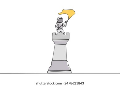 Single continuous line drawing young energetic astronaut standing on top of big rook chess and waving a flag. Leader success concept. Successful business strategy. One line design vector illustration