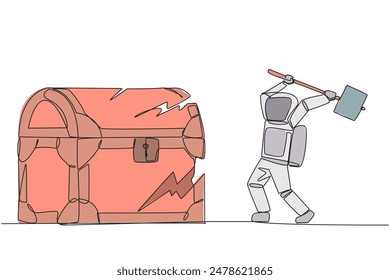Single continuous line drawing young astronaut preparing to hit big treasure chest. Rampage. Running out of capital. Steal. Doing dirty business. Not commendable. One line design vector illustration